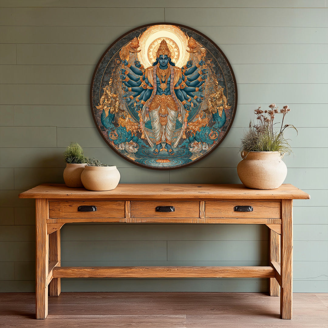 Visual rhythm is created in the modern oil painting art by the concentric bands of color and forms radiating from the central multi-armed deity.