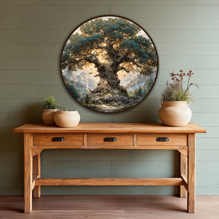 Showing the layering effect, the ancient mountain oak round oil painting art piece uses depths and dimension for a powerful landscape.