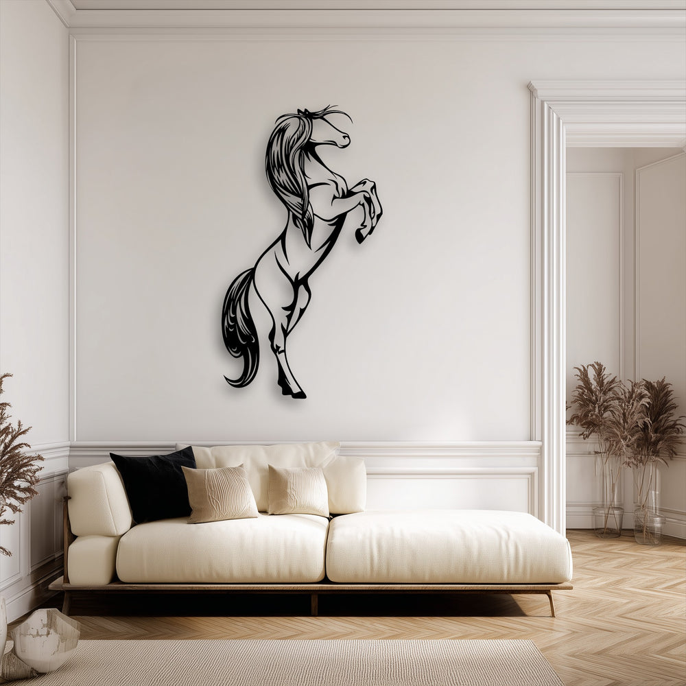 The sleek, durable craftsmanship of this unique metal wall art captures a dynamic rearing horse silhouette, showcasing exceptional material quality.