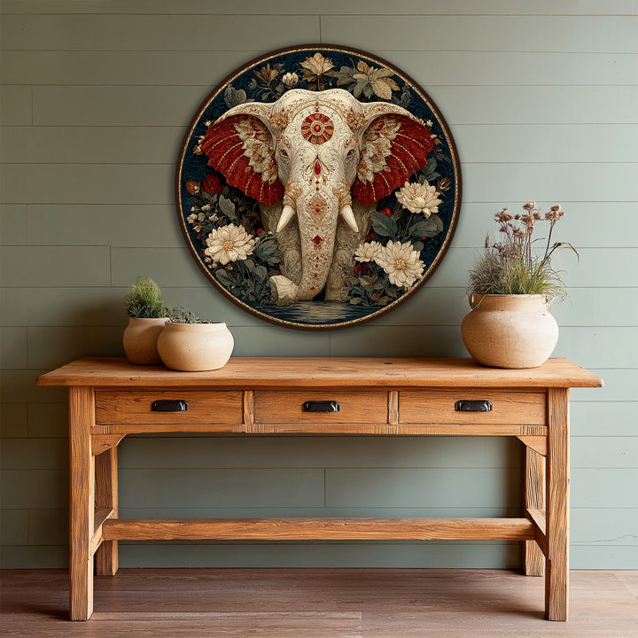 Subtle layering effect showcases the ornamental sacred elephant oil painting reproduction print surrounded by layered floral elements and crimson accents on wood.