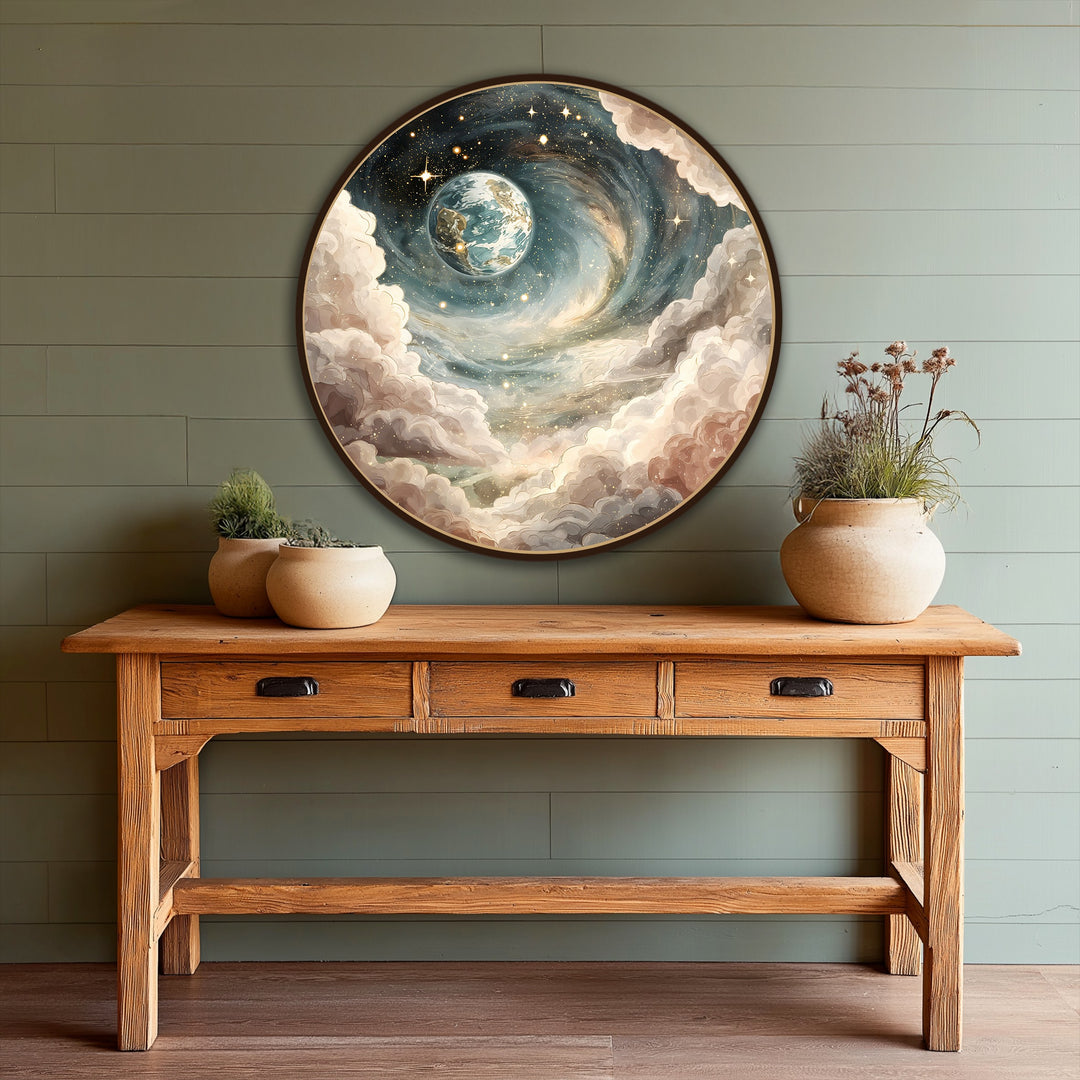 Visual rhythm is achieved in this cosmic Earth round oil painting with swirling clouds, stars, and celestial spirals for distinctive oil painting home decor.