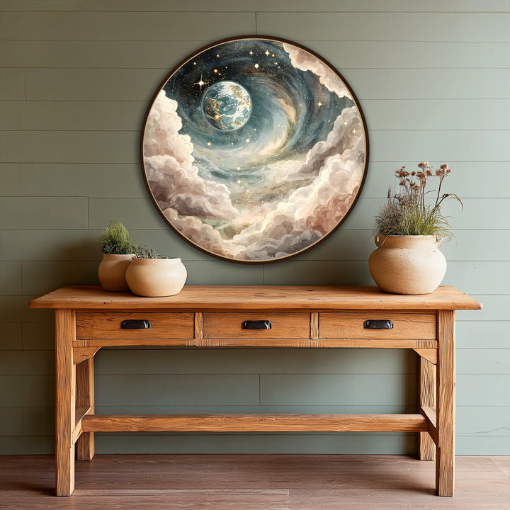 Visual rhythm is achieved in this cosmic Earth round oil painting with swirling clouds, stars, and celestial spirals for distinctive oil painting home decor.