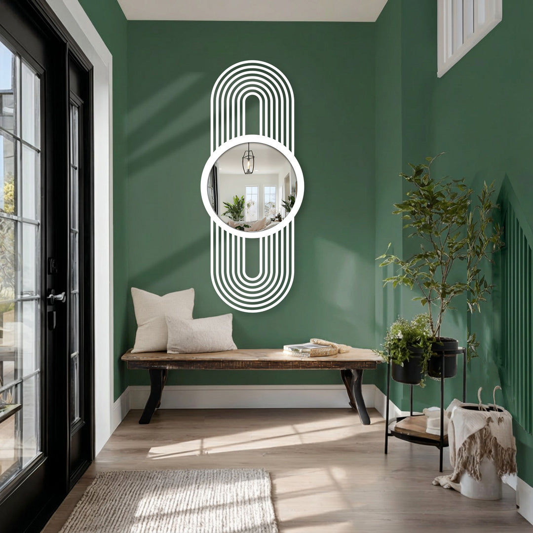 Highlighting the layering effect, this modern mirror showcases a minimalist arch line design with concentric white outlines surrounding the mirrored glass.