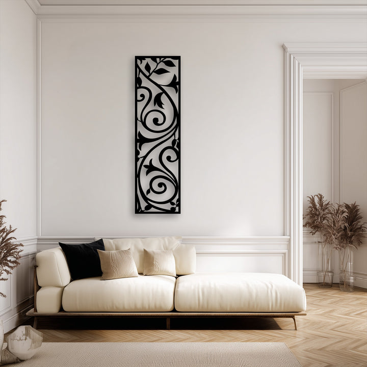 Flowing scrollwork forms the elegant geometric elements of this black vertical metal art for wall, creating a striking focal point.
