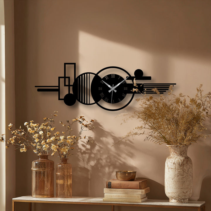 The geometric metal wall clock's abstract design creates a dynamic sense of movement, enhanced by its horizontal orientation, offering striking decoration wall art.