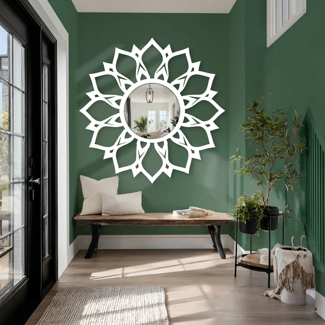 Rich color saturation highlights the elegant lotus pattern floor mirror, showcasing its decorative black metal art for wall against a deep green backdrop.