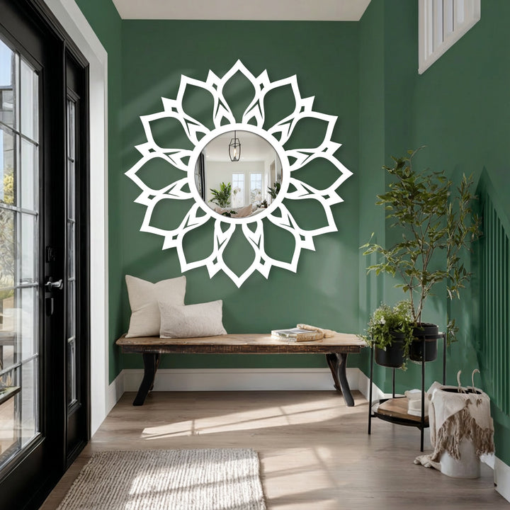 Rich color saturation highlights the elegant lotus pattern floor mirror, showcasing its decorative black metal art for wall against a deep green backdrop.