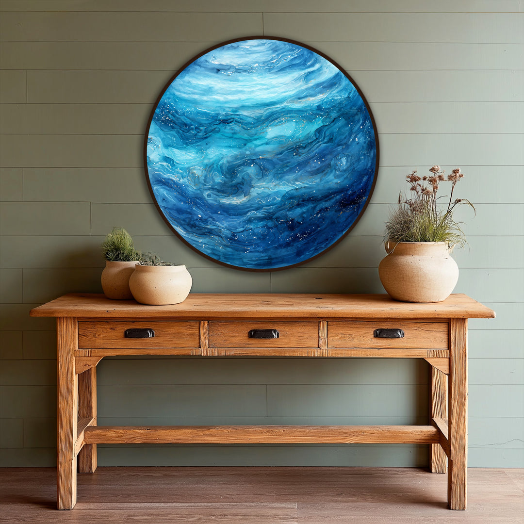 Light and shadow play across the Celestial Ocean Drift in this captivating oil painting art prints piece, with blue hues creating an ethereal abstract design.