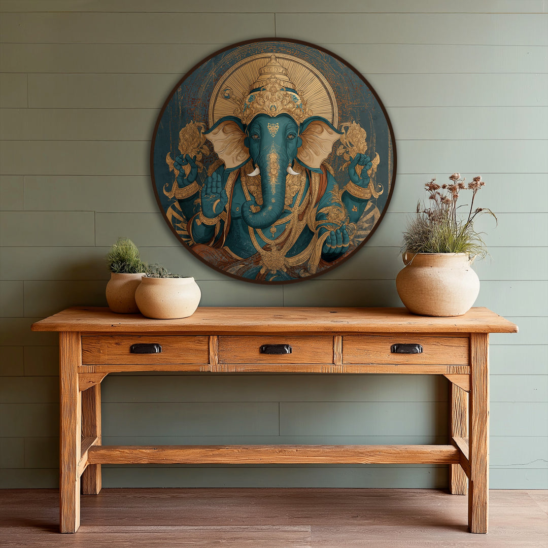 Visual rhythm echoes in the ornate detailing and symmetrical pose of this Ganesha, a captivating piece of modern oil painting art with luxurious turquoise and gold hues.