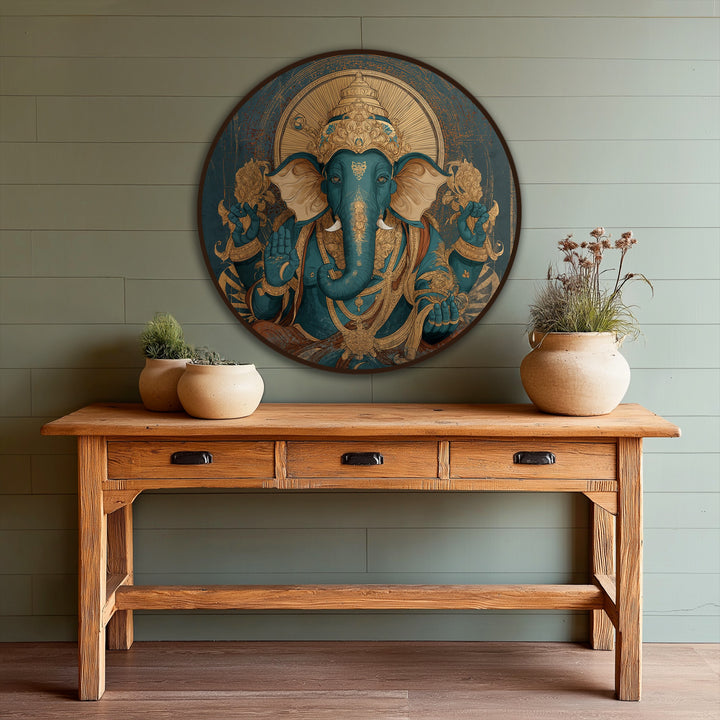 Visual rhythm echoes in the ornate detailing and symmetrical pose of this Ganesha, a captivating piece of modern oil painting art with luxurious turquoise and gold hues.