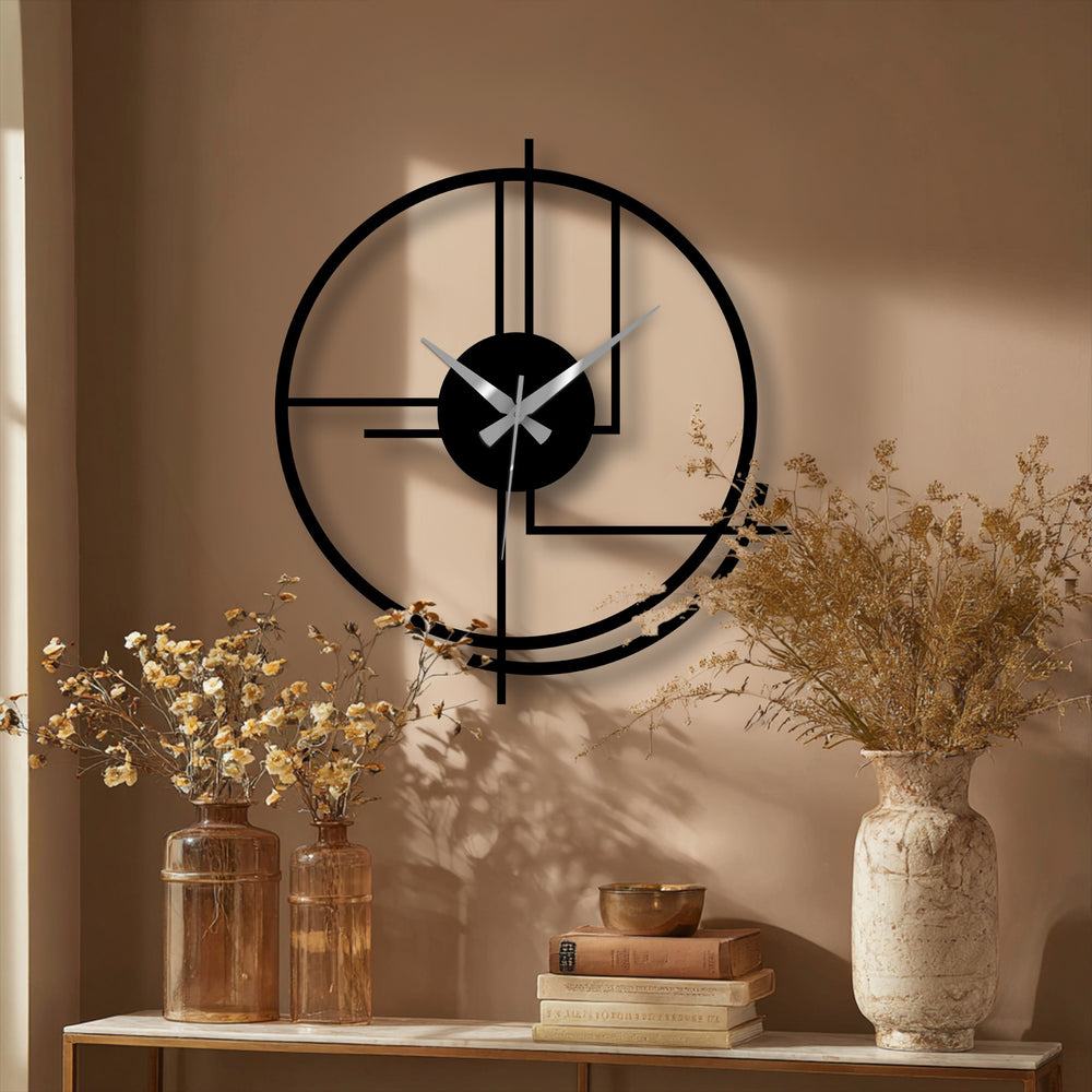 Highlighting the focal point, a modern circular metal wall clock with abstract lines adds minimalist charm as metal wall decor to any room.