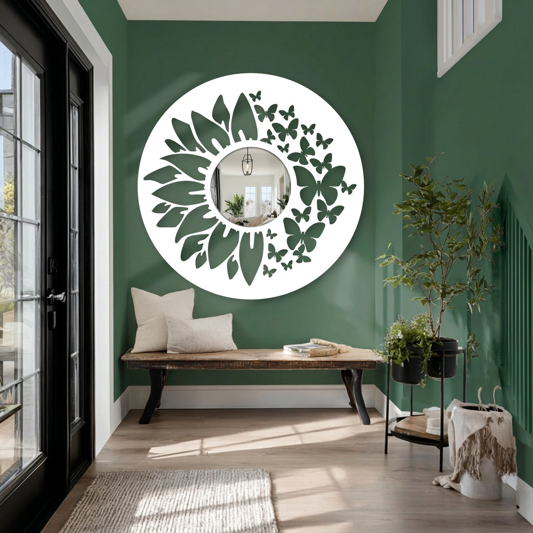 Mirrored surface surrounded by white butterflies and petals makes this modern mirror a decorative and stylish addition to this entryway, showcasing a unique metal wall decor design.