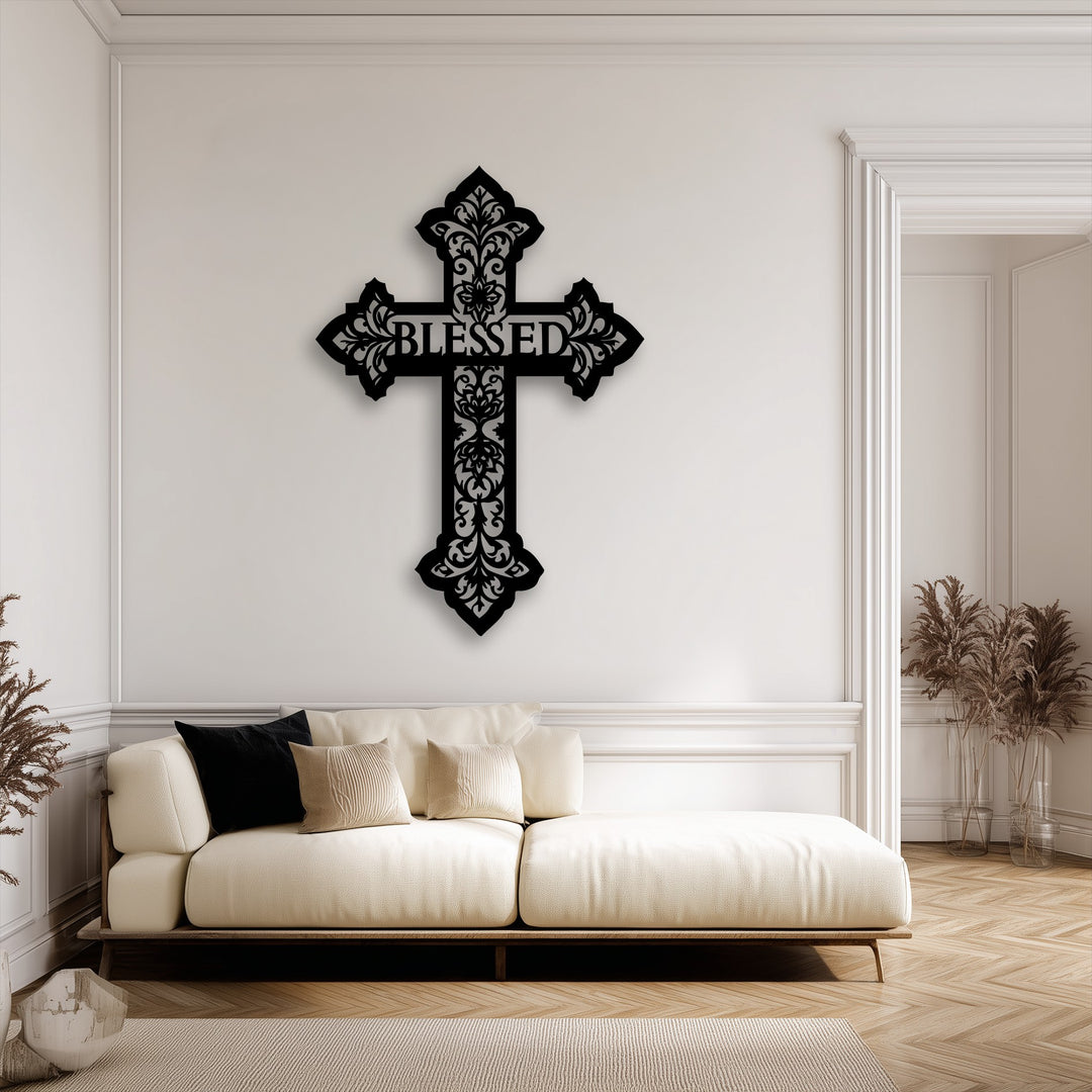 The radiant white wall serves as a pristine backdrop for the ornate Blessed Cross metal art for wall, casting subtle shadows.