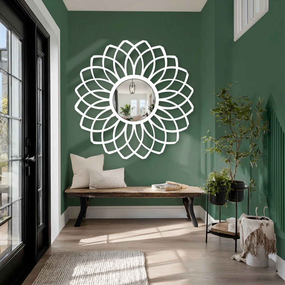 Geometric decoration wall art is showcased in this black metal frame floral mirror with a layered petal design, bringing a modern aesthetic.