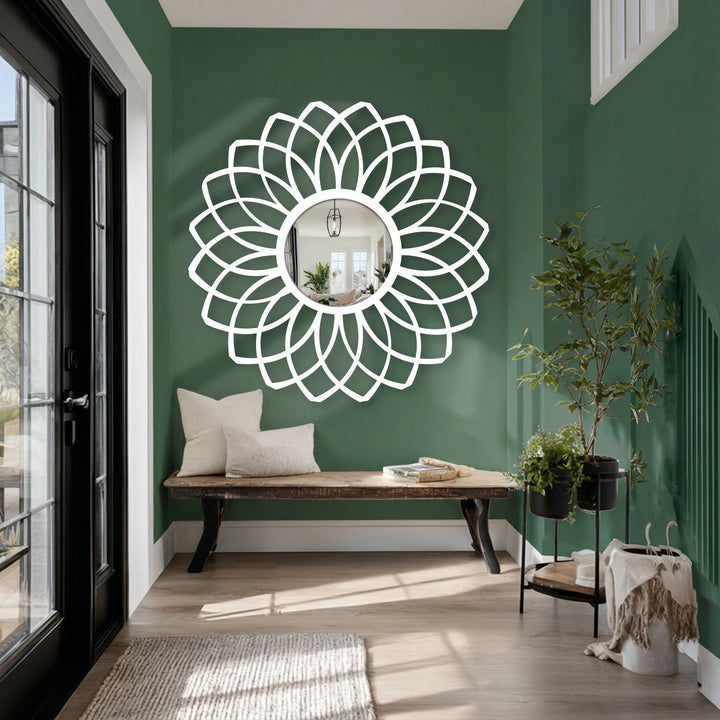 Geometric decoration wall art is showcased in this black metal frame floral mirror with a layered petal design, bringing a modern aesthetic.