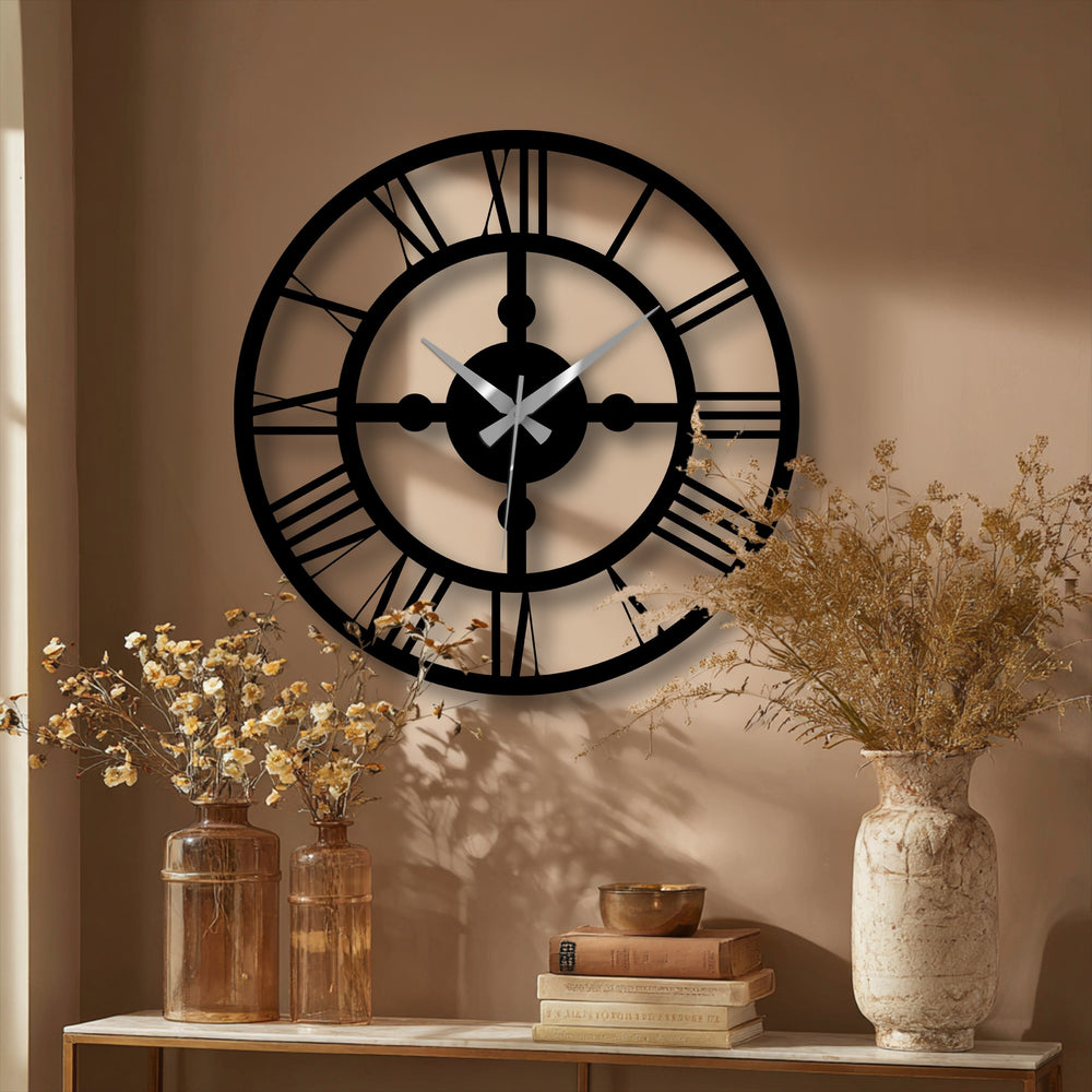 Horizontal round metal artwork is showcased as an industrial Roman gear wall clock, lending a striking decorative accent.