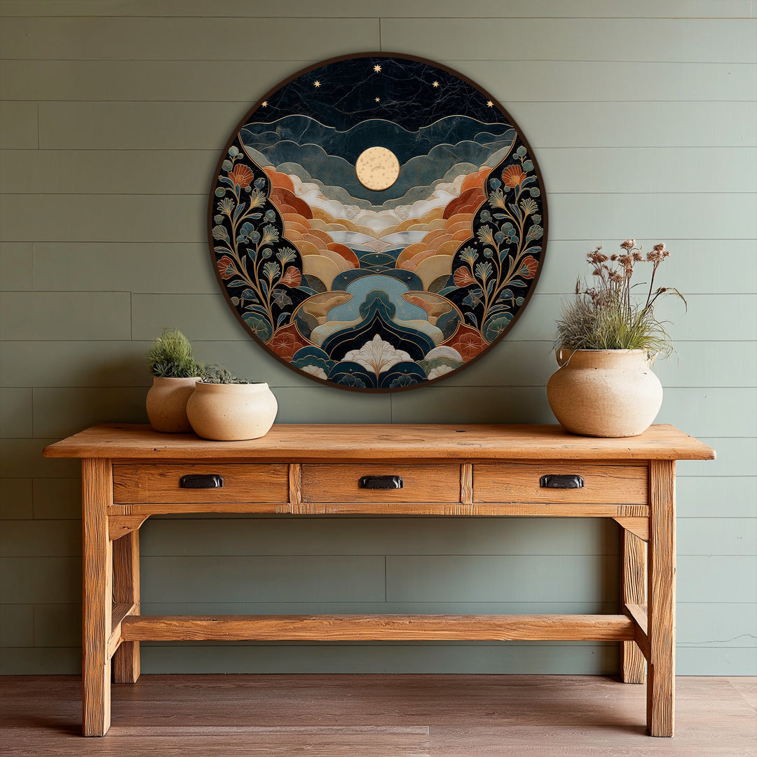 Against the horizontal planked backdrop, the round oil painting decoration of a moonlit landscape offers a vibrant focal point with its layered hills and floral details.