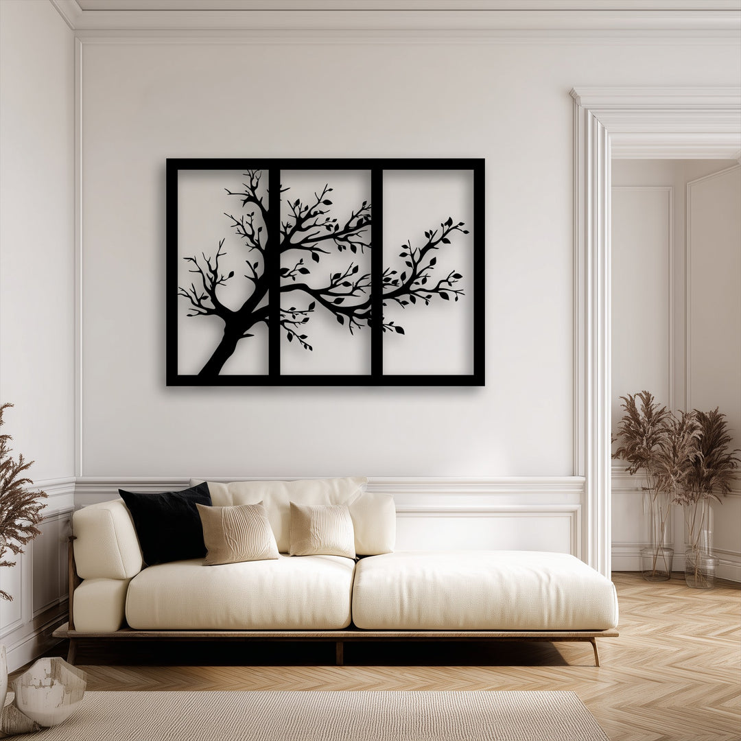 Muted color saturation highlights a sophisticated minimalist tree silhouette triptych, a stunning piece of modern metal artwork.