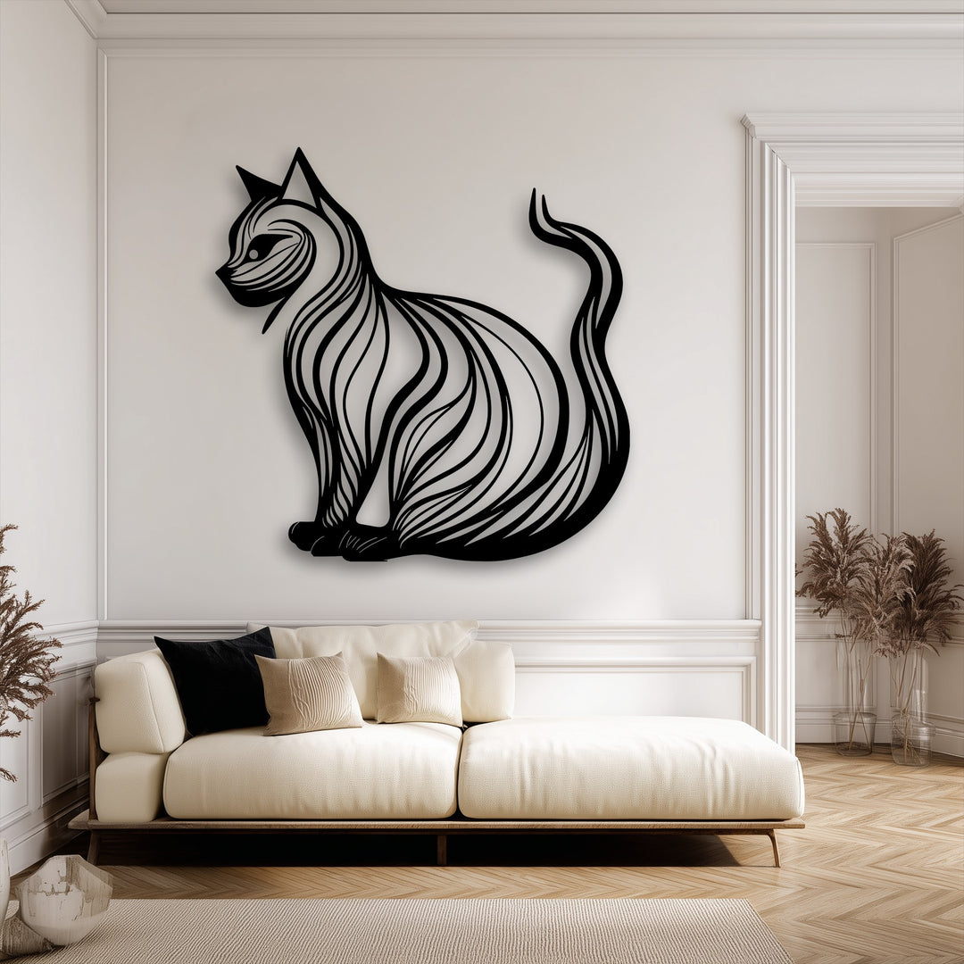 The darkest area highlights the sleek black elegant cat silhouette, a striking piece of minimalist metal art for wall decor.