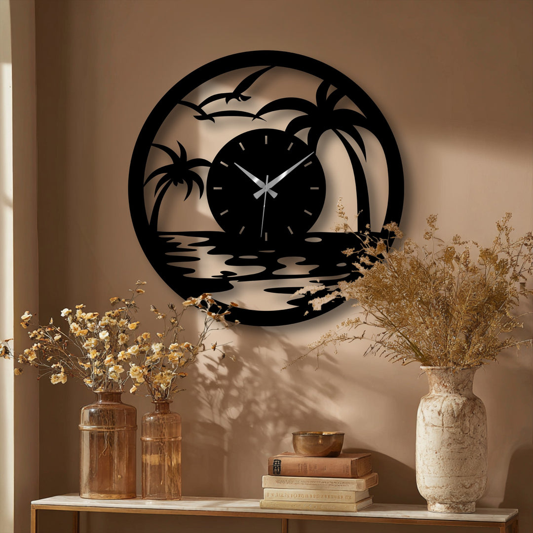 High-quality metalwork displays the tropical sunset clock's unique metal wall art, ensuring durable construction in this coastal-themed decor piece.