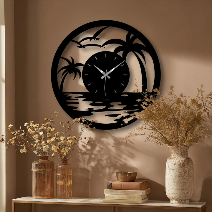 High-quality metalwork displays the tropical sunset clock's unique metal wall art, ensuring durable construction in this coastal-themed decor piece.