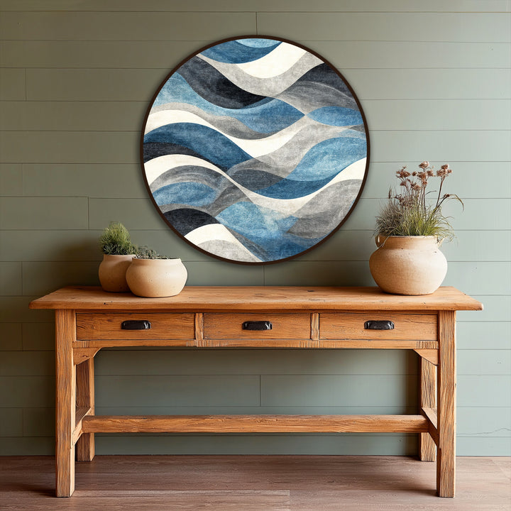 Softest textures define the round Ocean Rhythm oil painting reproduction print, an abstract wave design in cool blues and grays.