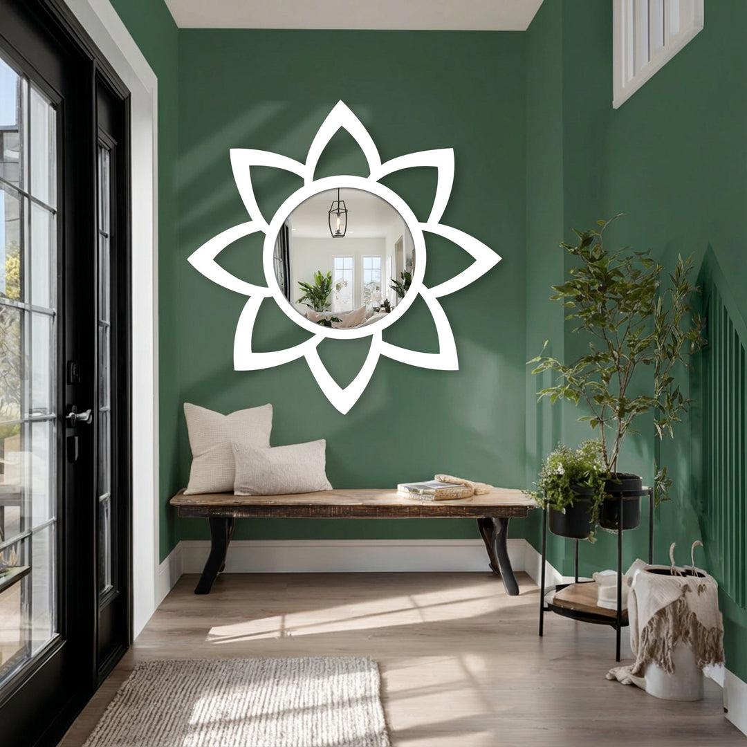 Showcasing the realistic detail of a minimal petal floor mirror, this decorative piece features a black metal frame, blending seamlessly into home decor.