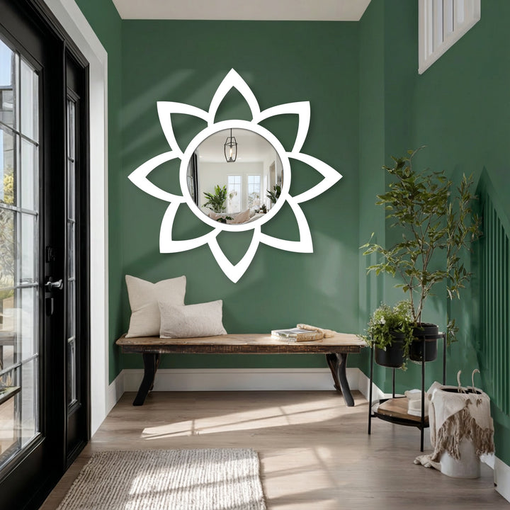 Showcasing the realistic detail of a minimal petal floor mirror, this decorative piece features a black metal frame, blending seamlessly into home decor.