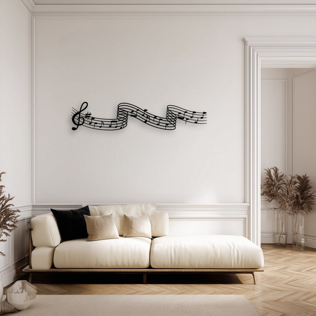 The elegant edges and borders of the flowing musical notes metal artwork create a harmonious rhythm on the wall.