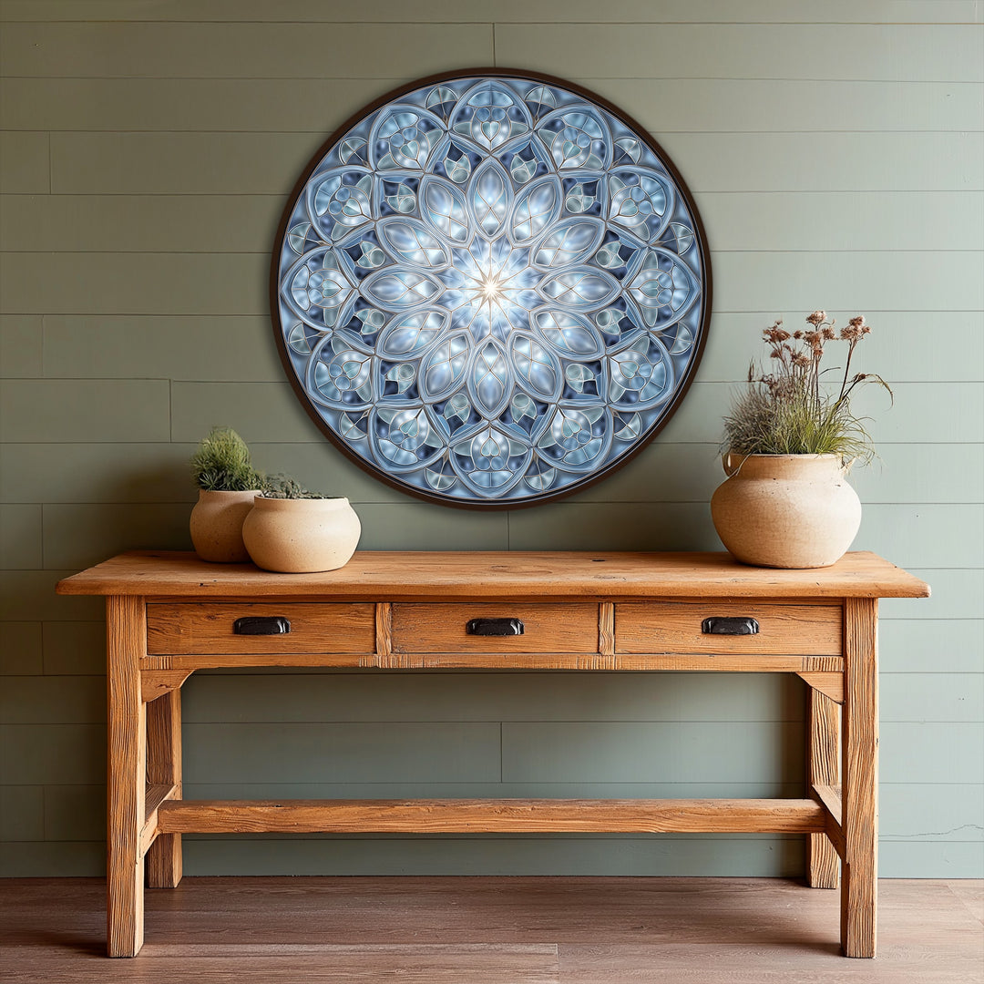 The crystal harmony round showcases an enchanting oil painting art piece where the blues subtly shift, creating a serene and geometric mandala pattern.