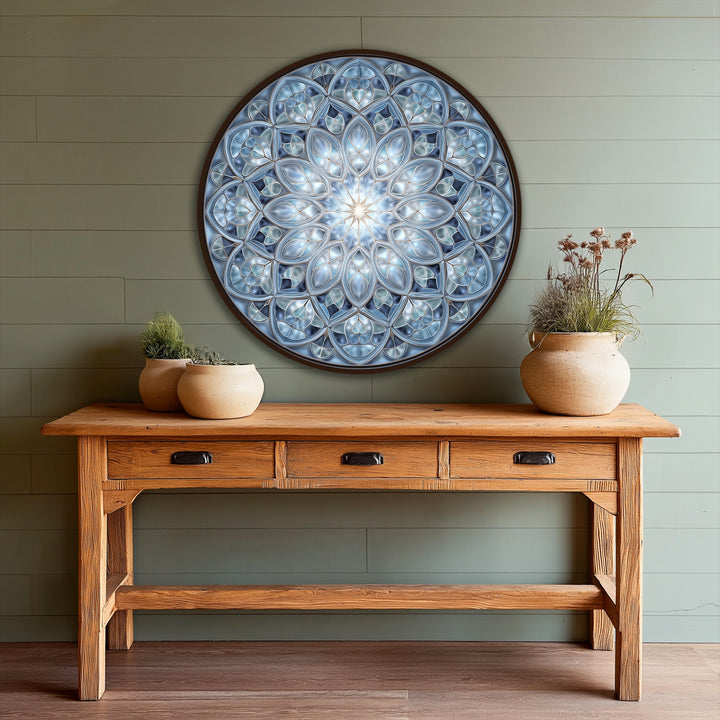 The crystal harmony round showcases an enchanting oil painting art piece where the blues subtly shift, creating a serene and geometric mandala pattern.
