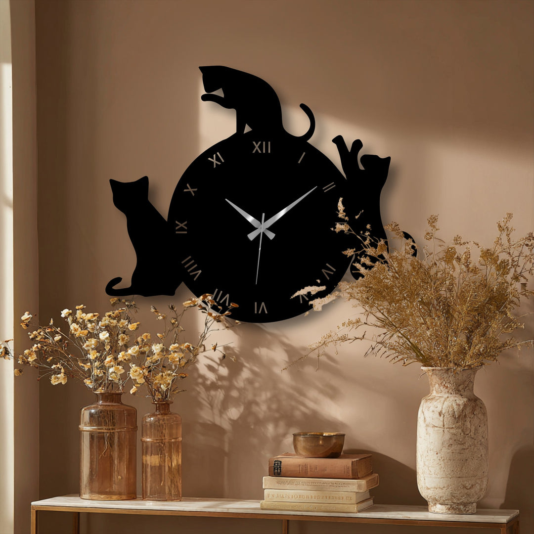 Textured surface of the cat silhouette metal wall clock brings a unique touch to home decoration with a playful design and roman numerals.