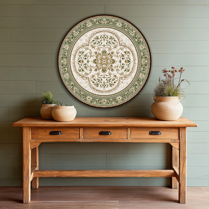 The focal point shows an elegant floral mandala round oil painting home decor in shades of sage green and ivory, creating a vintage harmony.