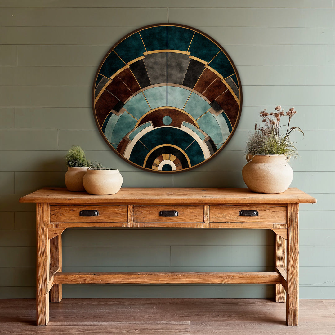 Visual rhythm flows through this geometric round wall art with its architectural arcs, creating a captivating oil painting art prints focal point above the wooden console.