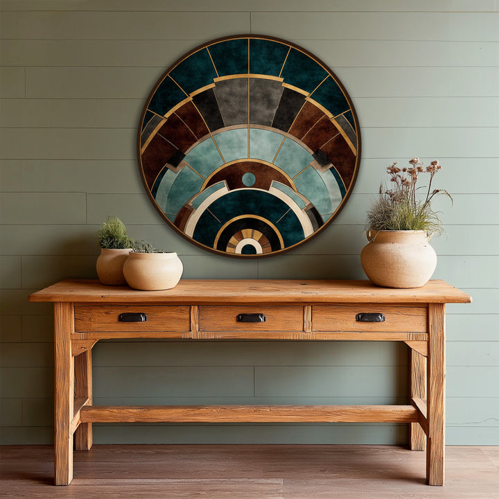 Visual rhythm flows through this geometric round wall art with its architectural arcs, creating a captivating oil painting art prints focal point above the wooden console.