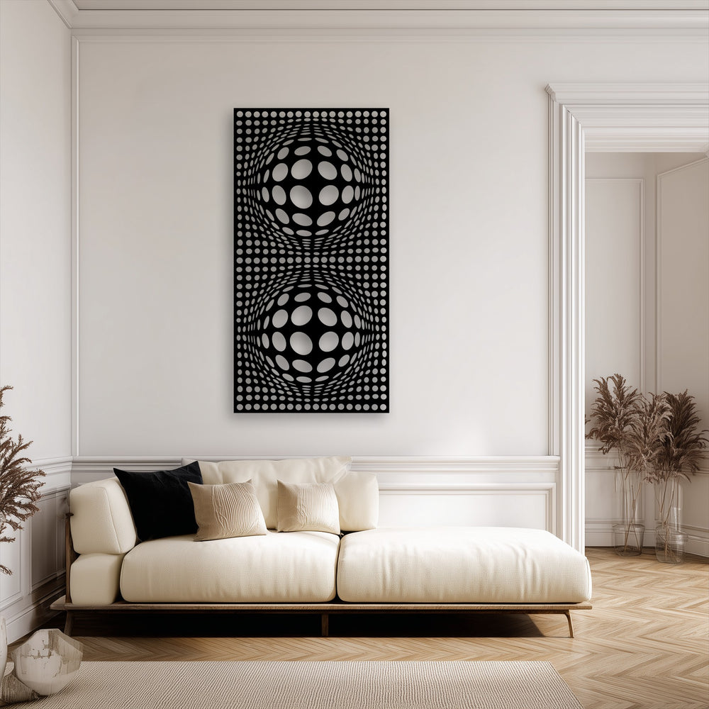 The visual rhythm of this decorative metal art creates a mesmerizing optical illusion with repeating black and white spheres and dot patterns.