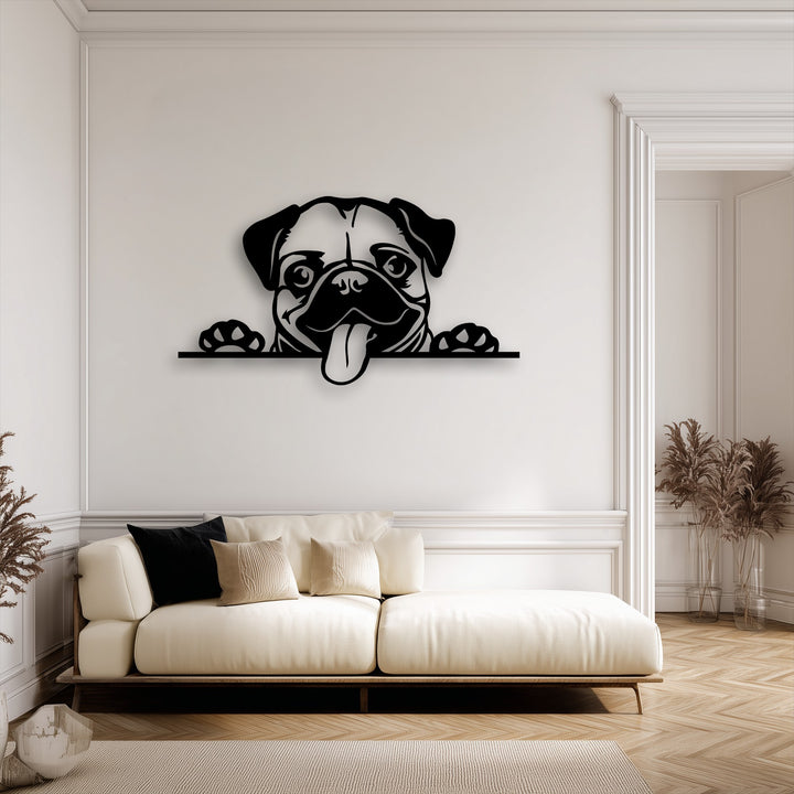 The stillness of a bright living space is playfully broken by the endearing silhouette of a peeking pug, an example of decorative metal art.