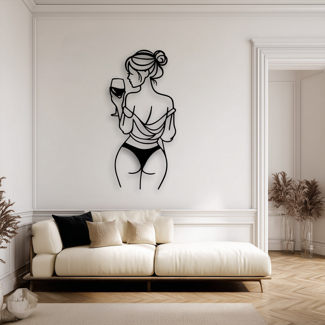 Showcasing subtle color transitions from soft cream walls to warm beige textiles, this elegant decorative metal art depicts a wine lady.