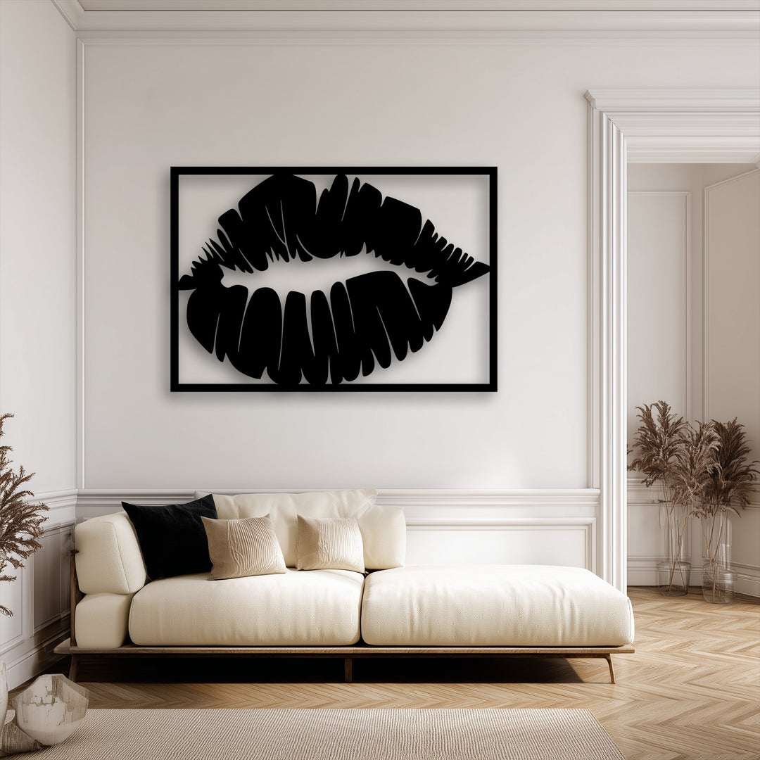 Warm color temperature highlights the striking Bold Kiss Silhouette decoration wall art, a modern lips metal wall art piece in a bright room.