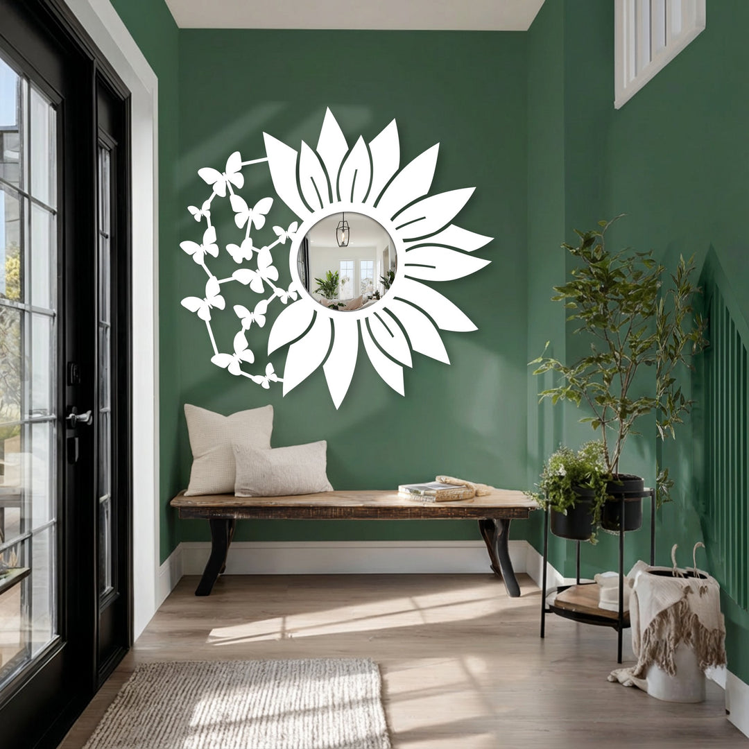 Focusing on the geometric elements, this modern mirror features a circular reflective surface surrounded by stylized, symmetrical petals and angular butterfly decoration wall art.