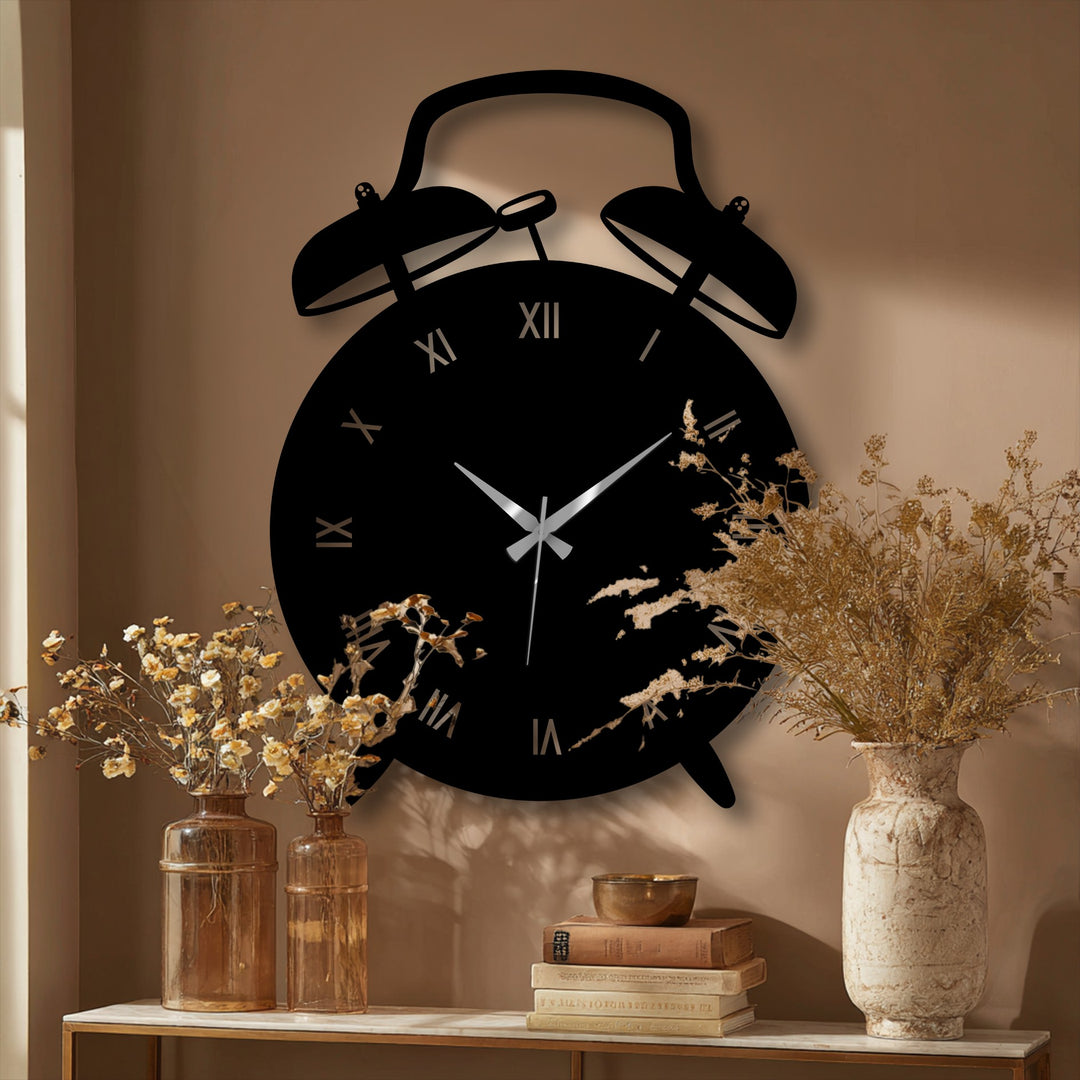 A metal art for wall piece, the vintage alarm clock wall clock is a decorative statement with its Roman numerals and modern, distinctive shape.