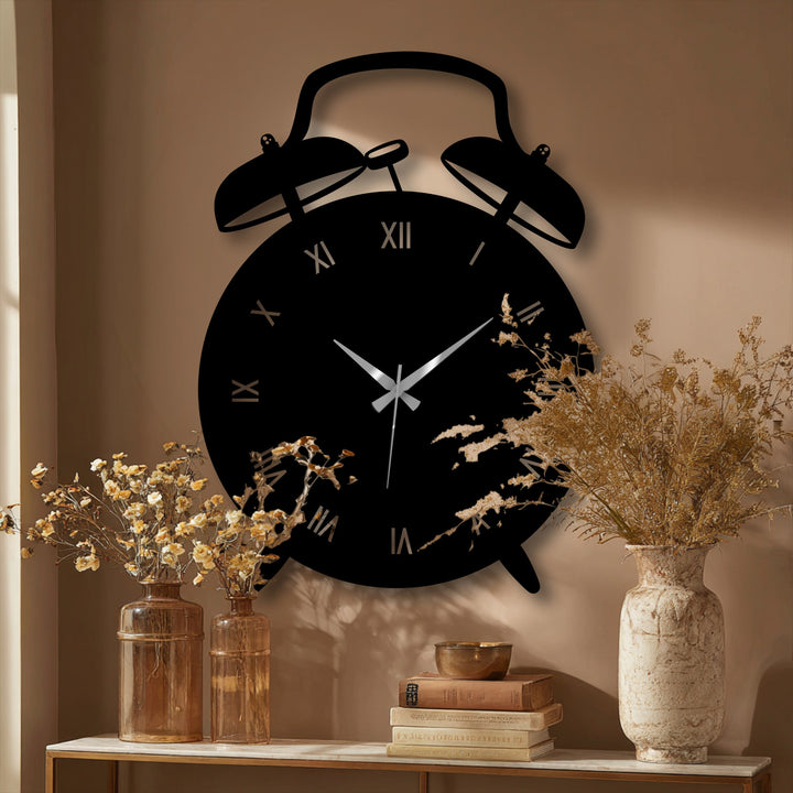 A metal art for wall piece, the vintage alarm clock wall clock is a decorative statement with its Roman numerals and modern, distinctive shape.