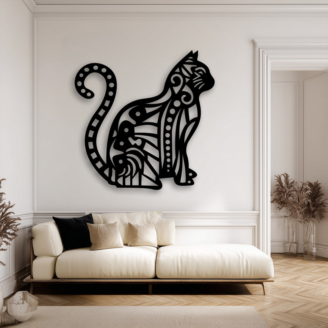 Geometric elements within the intricate patterned unique metal wall art of an ornamental cat silhouette feature various shapes and dots.