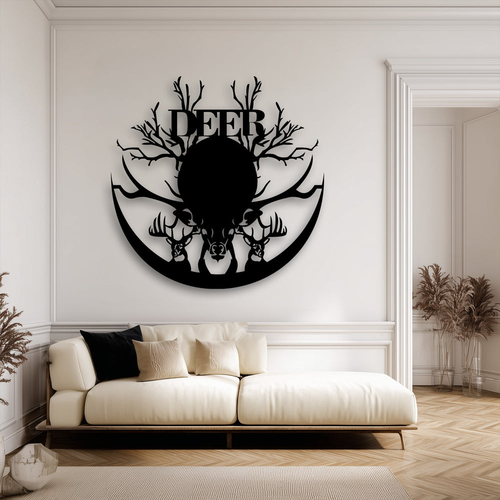 Creamy white walls highlight the striking black silhouette of a majestic deer antler unique metal wall art piece.