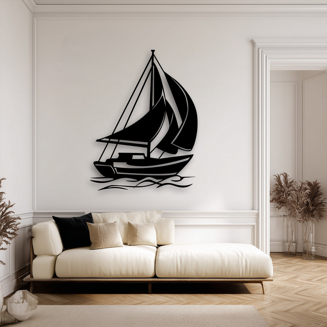 Capturing dynamic motion, this sailing boat metal wall art depicts a graceful vessel traversing vibrant ocean waves, an ideal decoration wall art.