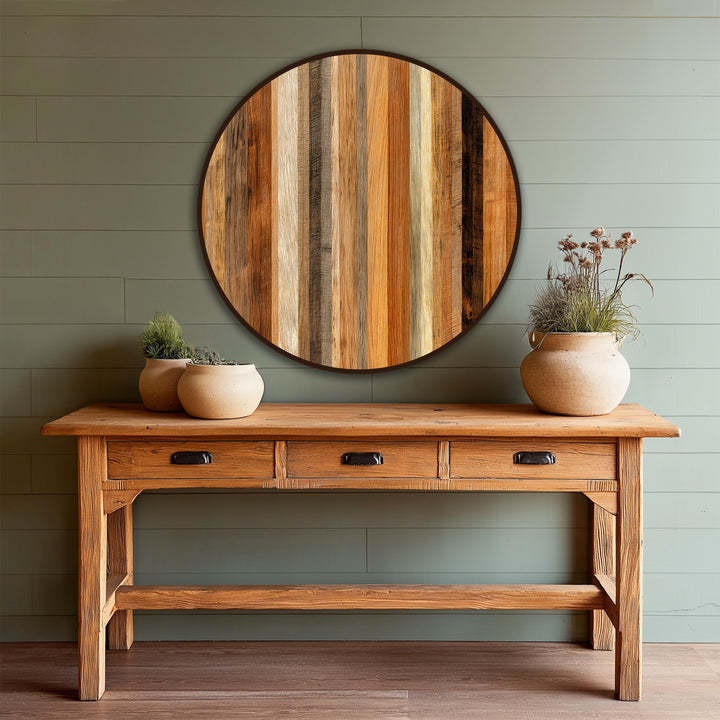Highlighting the abstract quality, the round wooden oil painting reproduction print presents a rhythmic dance of vertical wood grain, creating a warm and inviting focal point.