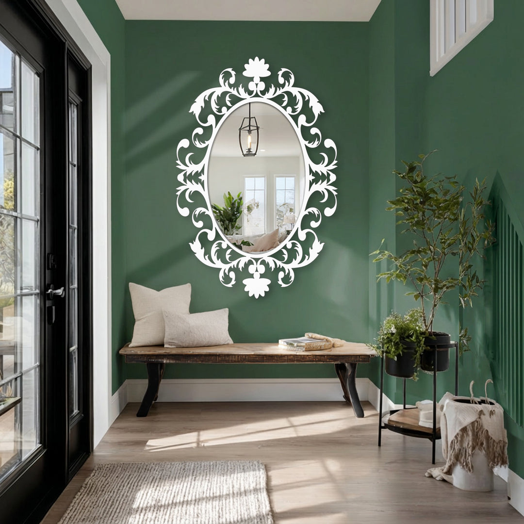 Foreground shows a rustic bench and the elaborate baroque scrollwork frame of the royal oval mirror for wall decor, adding a touch of opulence to the hallway.