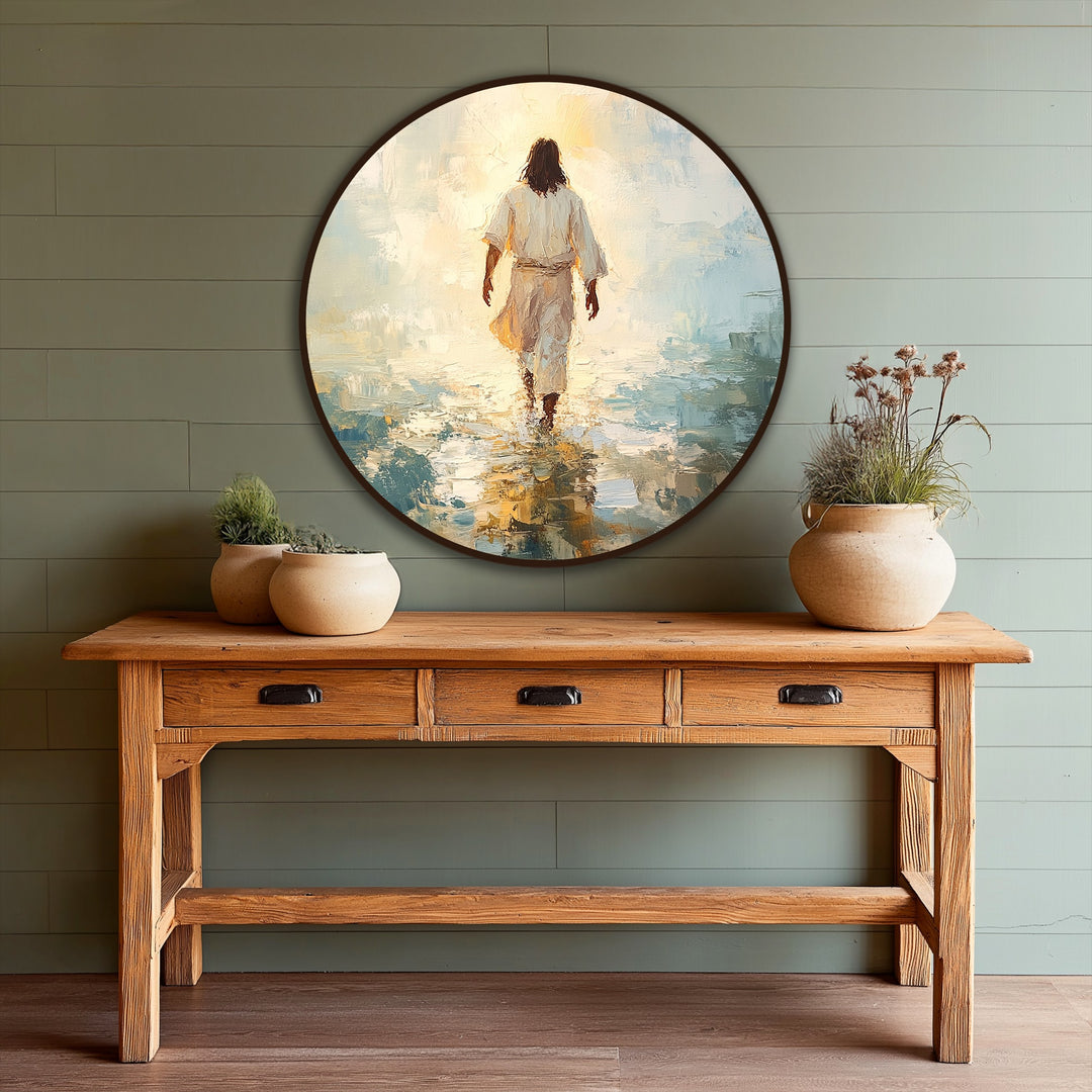 Foreground of the image displays a rustic wooden console table adorned with potted plants, below a round 'Into the Light' oil painting art prints.