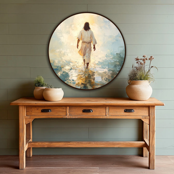 Foreground of the image displays a rustic wooden console table adorned with potted plants, below a round 'Into the Light' oil painting art prints.