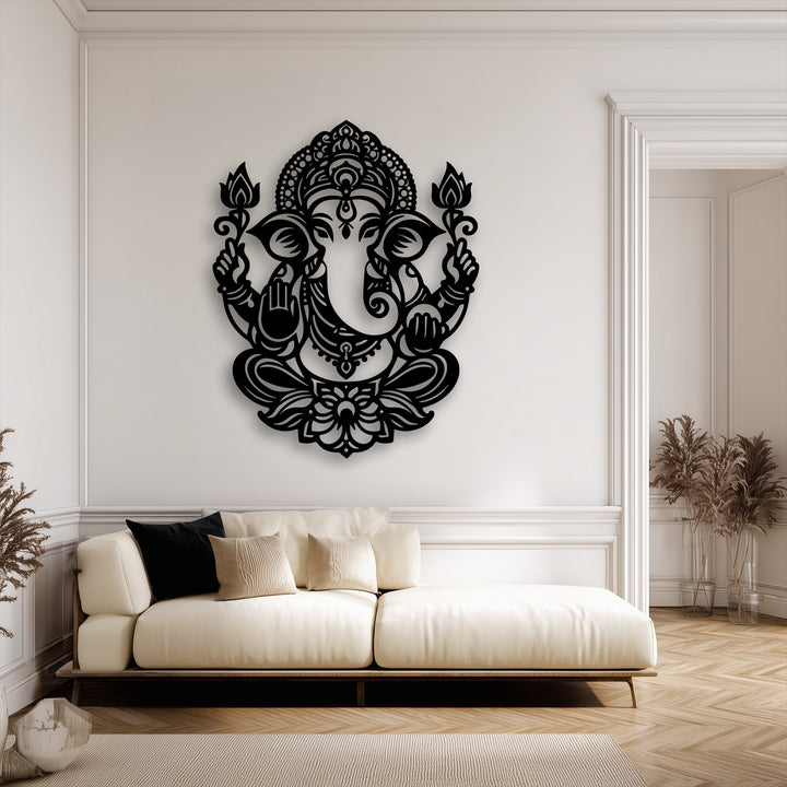 The unique metal wall art of Sacred Ganesha Lotus, with its flowing lines and intricate details, evokes a peaceful sense of spiritual movement.